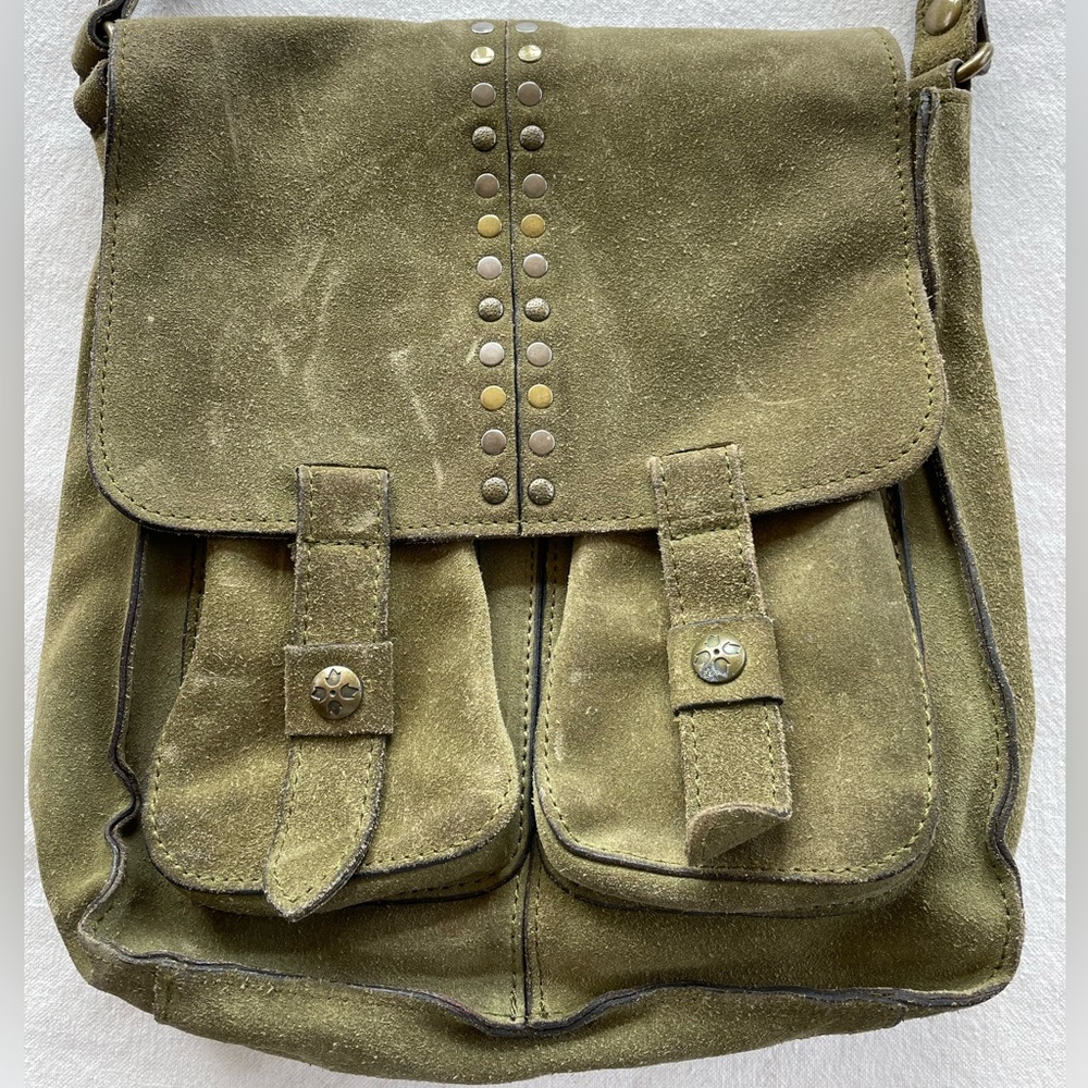 Patricia Nash Green Suede Messenger Bag with Rugged Design
